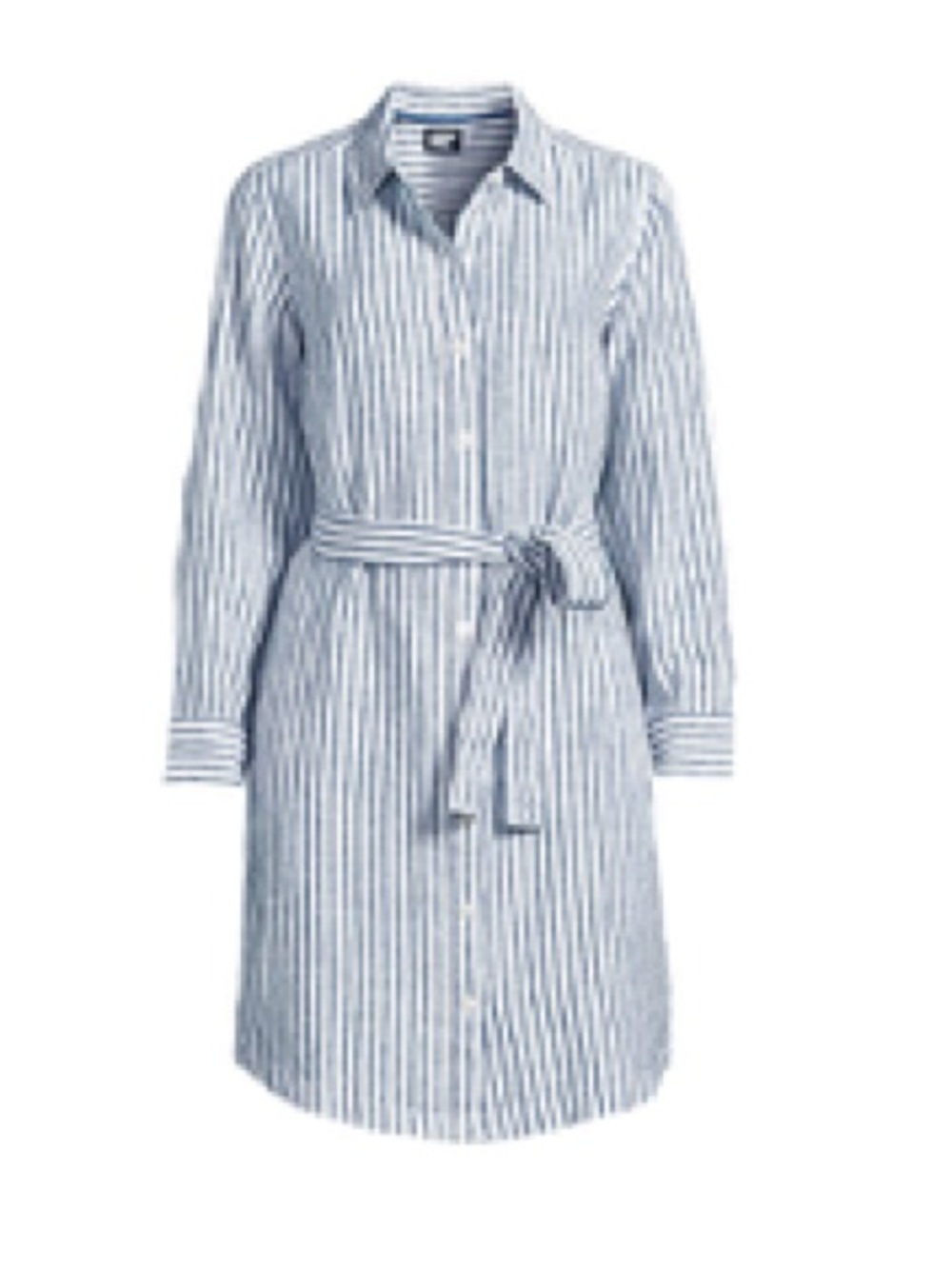 Lands' End 100% Linen Blue and White Striped Shirt Dress with Tie Waist